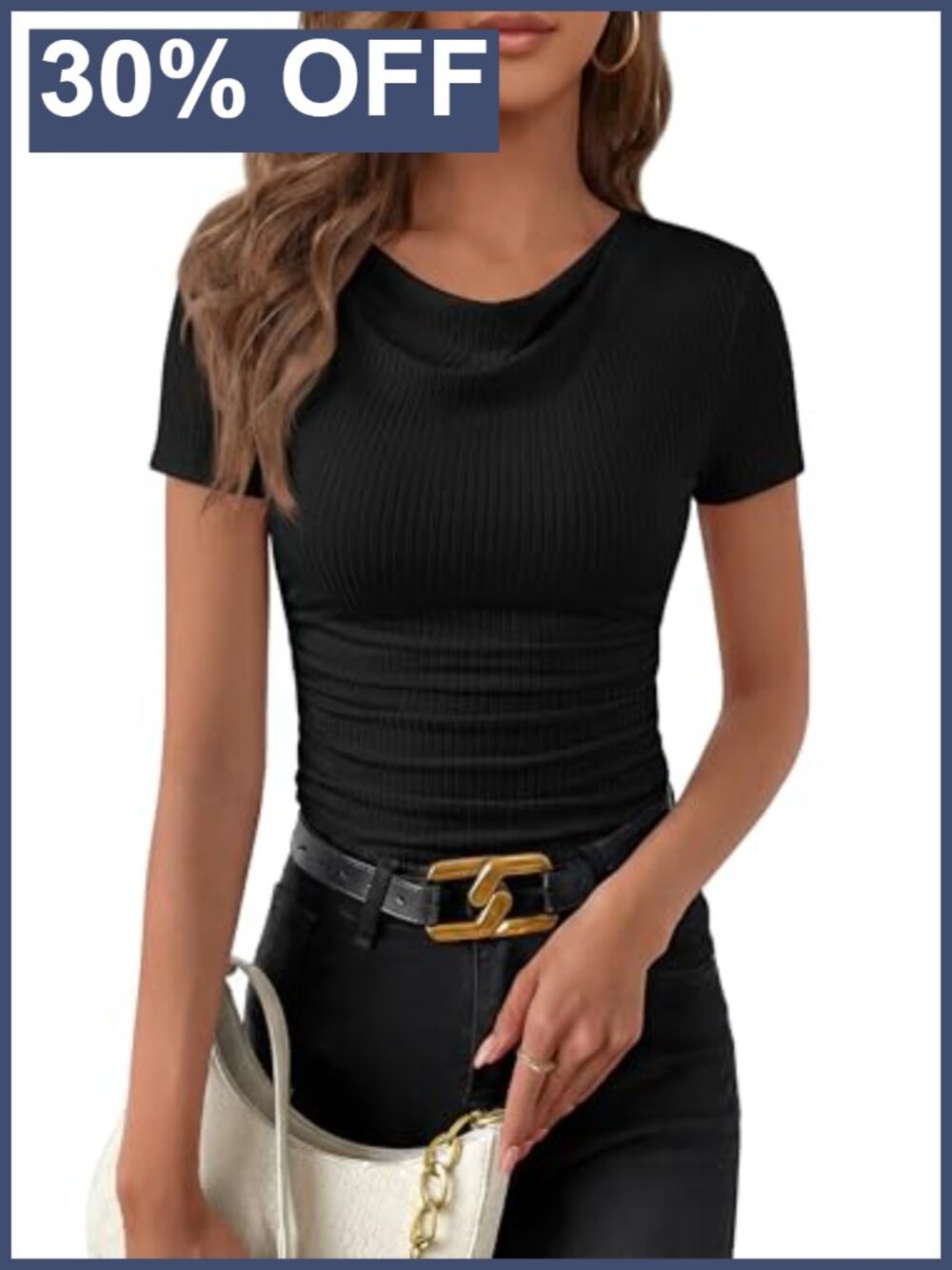 Cowl Neck Ruched Fitted Short Sleeve Crop Top Ribbed Knit